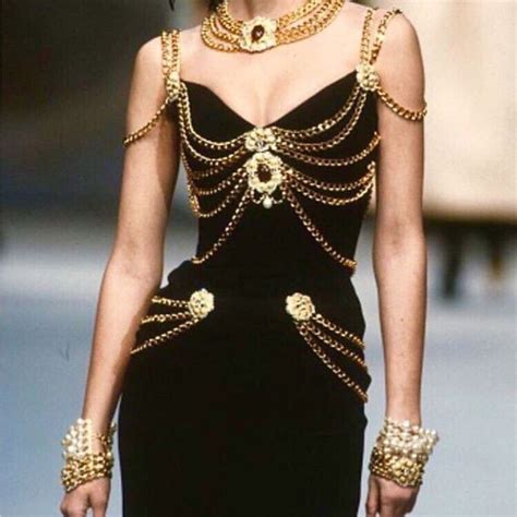 vintage chanel black dress with chains runway|chanel chain dresses.